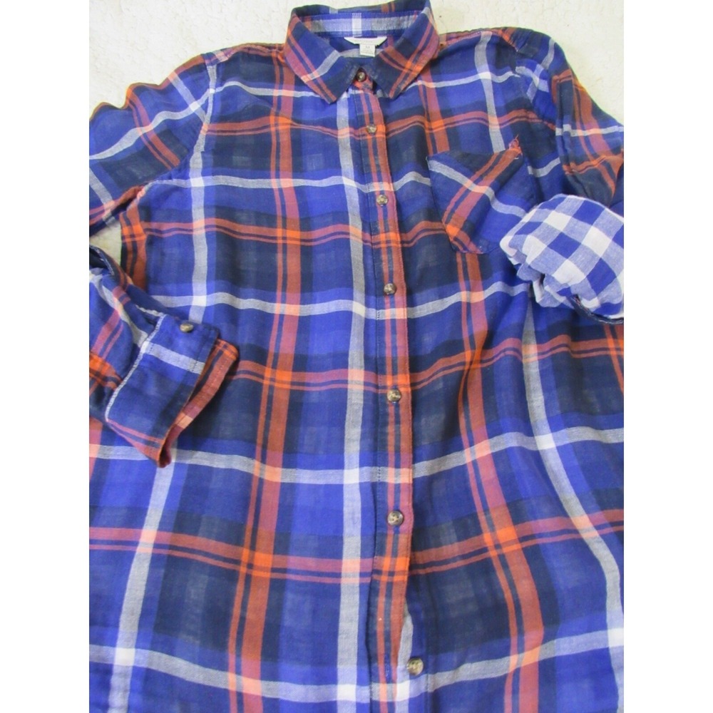 C Est 1946 Shirt Blue Women Size M Button Up Roll Sleeve Plaid Soft Cotton
